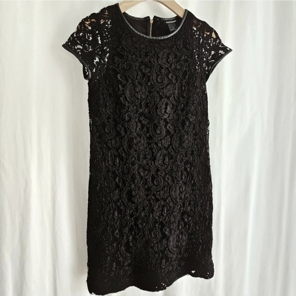 CLUB MONACO Witherbee Black Lace Crewneck Leather Trim Short Sleeve Mini Dress - Picture 4 of 16